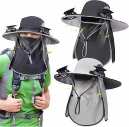 Glitopper 2 Pcs Solar Fan Hats with Face Mask Solar Powered Wide Hat with Fans and Removable Neck Cover, for Fishing Hiking Gardening Cooling, Wide Br