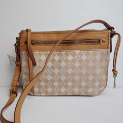 Fossil Farrah Leather Fabric Crossbody Bag Carmel Brown Cream ~ NWT