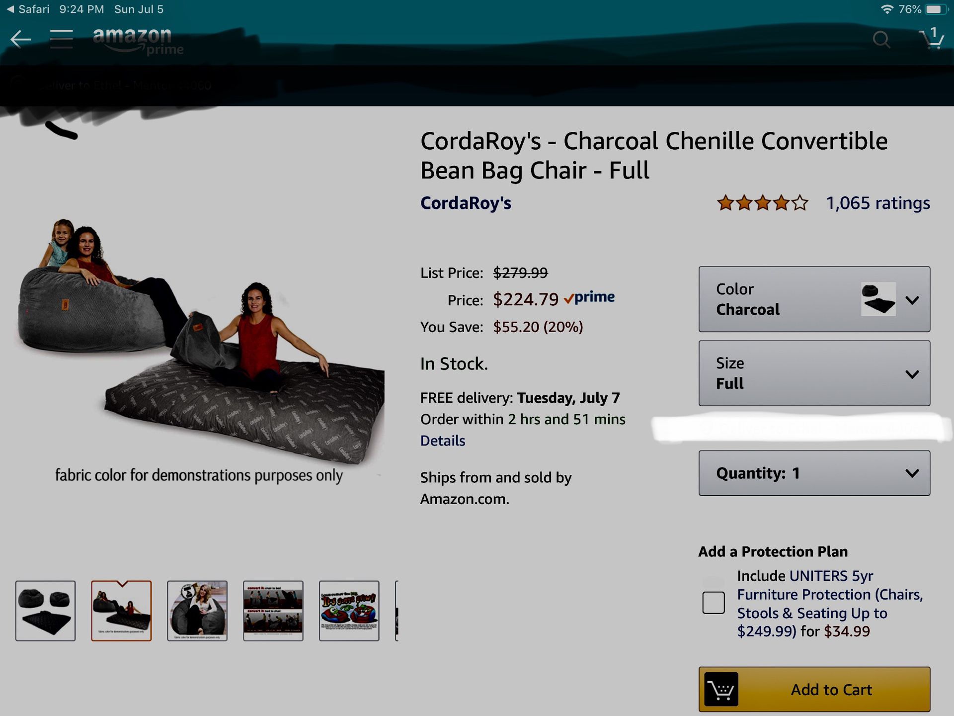 Cordaroy&s - Charcoal Chenille Convertible Bean Bag Chair - Full