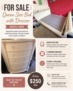 Used Off White Queen Size Bed & Dresser