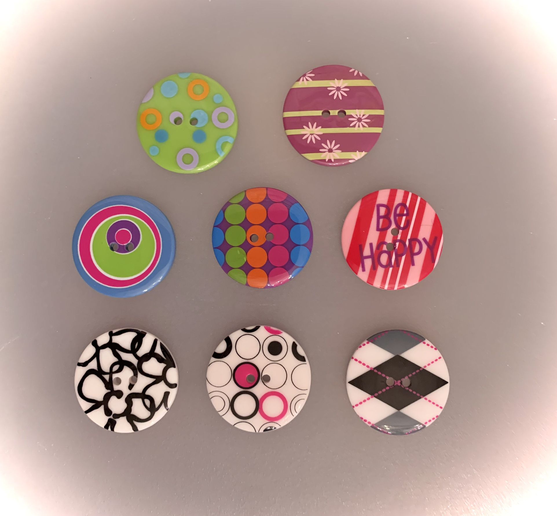 Lot of 8 Fun Buttons 1 3/8”.  #041624A3