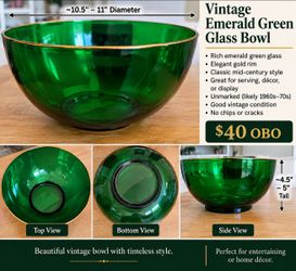 Vintage Emerald Green Glass Bowl with Gold Rim – $40 OBO