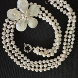 Unique Real pearl necklace and shell brooch Set 