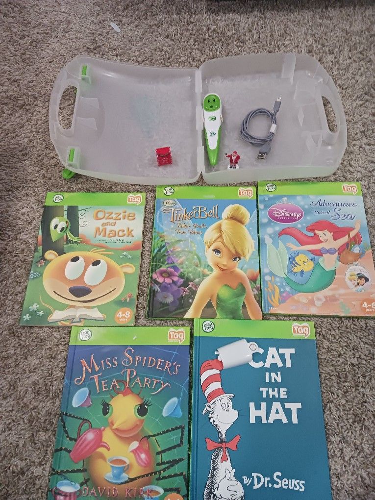 Leap Frog • TAG Reader Pen / Case and Lot Of 5 Books ■Tested ■Disney Tinker Bell