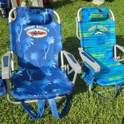 2 TOMMY BAHAMA beach Chairs , Lay Flat,   Backpack,  Cooler / Storage  Bag 