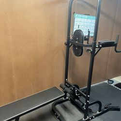 OneTwoFit Multi-Function Power Tower with Sit Up Bench,Adjustable Height Pull Up Tower Heavy Duty Dip Station Fitness Equipment for Home Gym Supports 