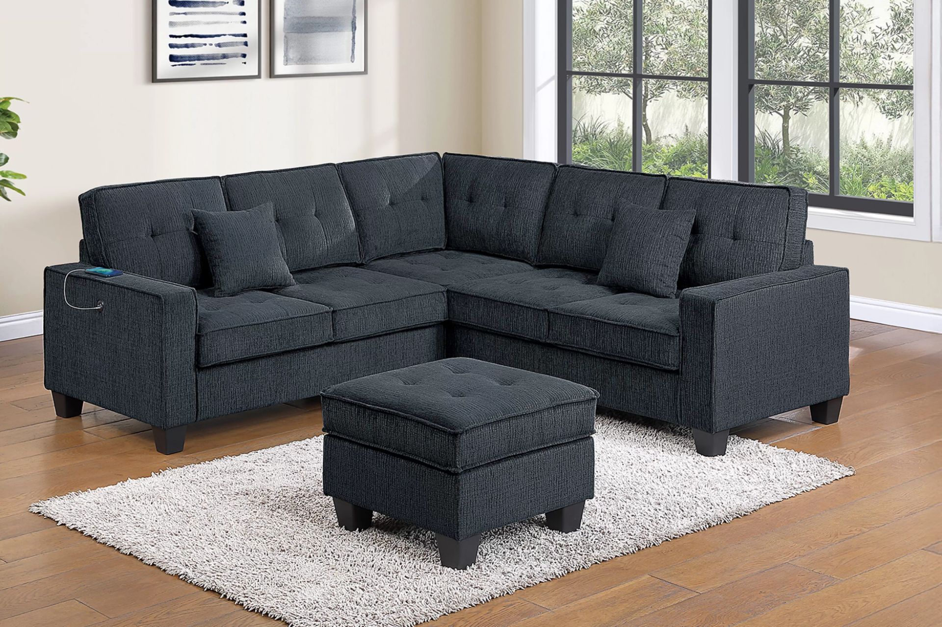 Brand New Black Chenille Sectional Sofa w Ottoman