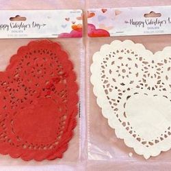 Happy Valentine’s Day heart shaped 8” paper doilies 2 packs of 18 red and white 