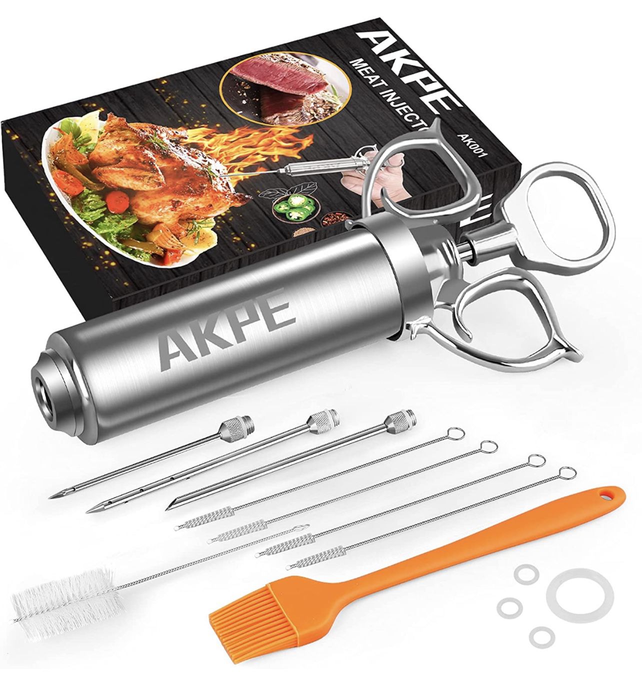 AKPE Meat Injector, Stainless Steel Marinade injector Syringe for BBQ Grill and Turkey, 2 Ounce Syringe with 3 Needles, Easy to Use and Clean (Without