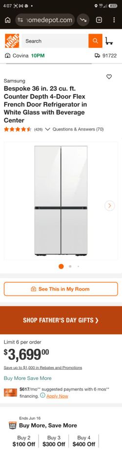 Samsung
Bespoke 36 in. 23 cu. ft. Counter Depth 4-Door Flex French Door Refrigerator in White Glass with Beverage Center