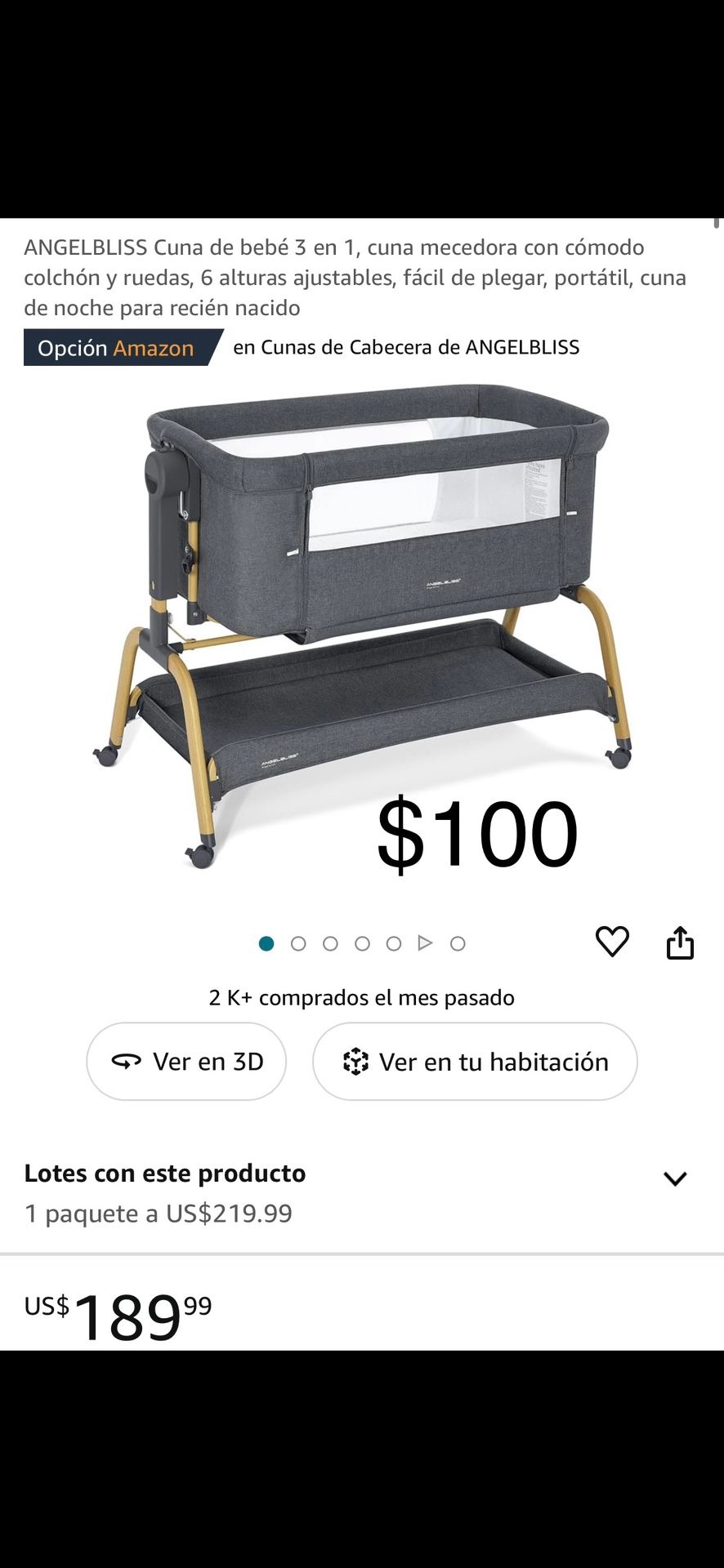 ANGELBLISS Cuna de bebé 3 en 1, cuna mecedora con cómodo colchón y ruedas, 6 alturas ajustables, fácil de plegar, portátil, cuna de noche para recién