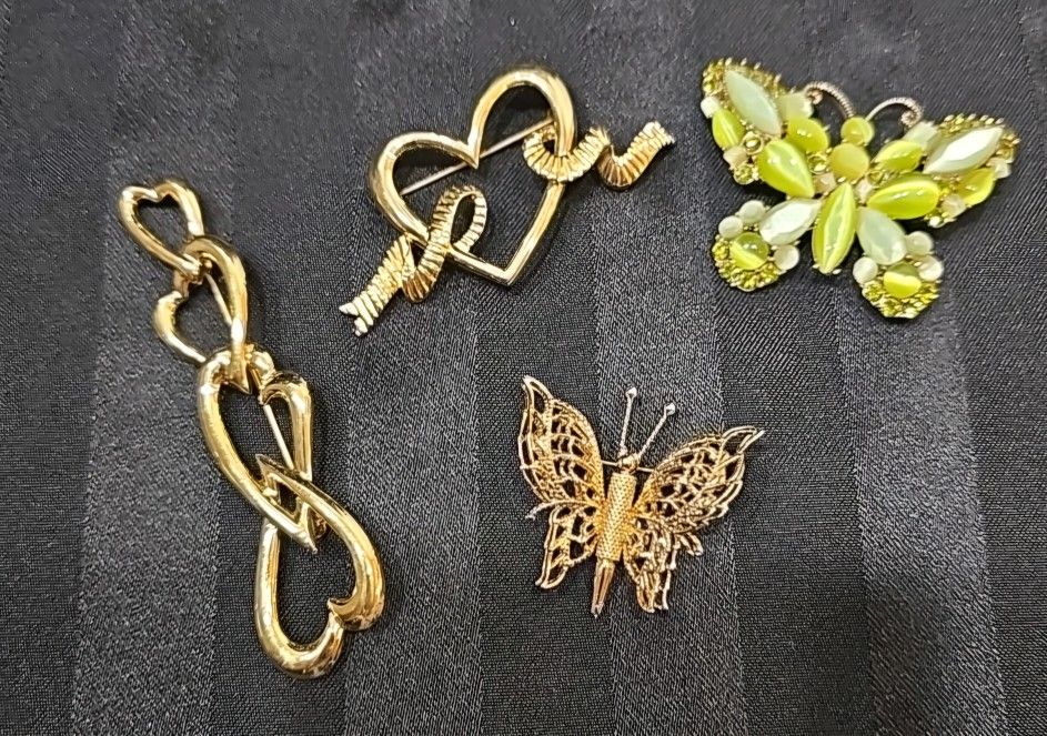Vtg. Signed Monet Costume Jewelry Gold Tone Heart And Butterfly Lot Of 4 Brooch/Pins Very Rare!