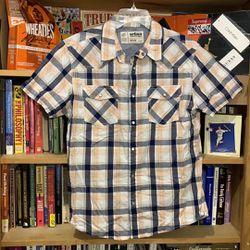 URBAN PIPELINE-men’s blue/peace plaid short sleeve snap button-down shirt