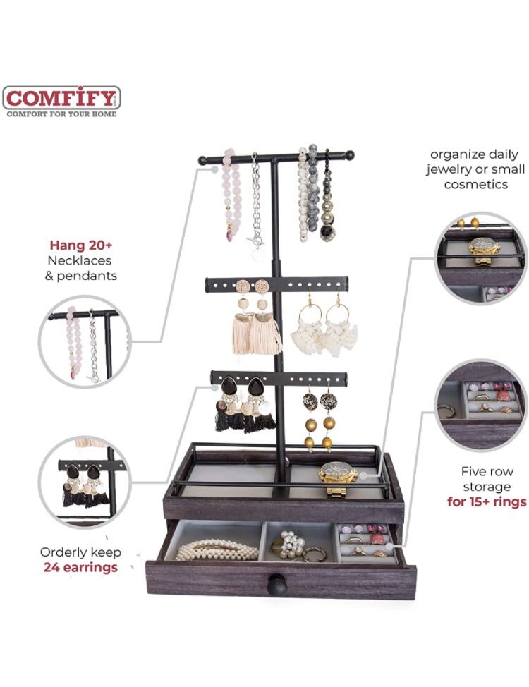 Tower Jewelry Organizer w/ Wooden Drawer Storage Box & Adjustable Necklace Holder - BRAND NEW IN BOX