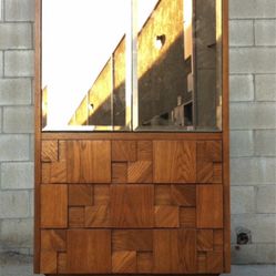 The "Staccato" Brutalist Hiboy Dresser Tall Chest of Drawers Armoire with Mirrored Doors by Lane of Altavista in the manner of Paul Evans 1974
