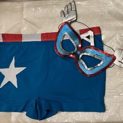 New Marvel Captain America Superhero Ladies M Or juniors XL costume Halloween dress up Cosplay Set Booty Spandex Shorts And Mask 