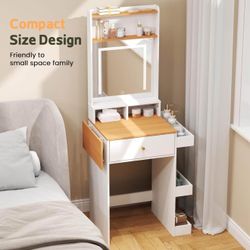 Small Vanity Desk with Mirror and Lights - Compact Makeup Dressing Table with Fold-up Panel & Side Storage Shelf for Small Spaces, 