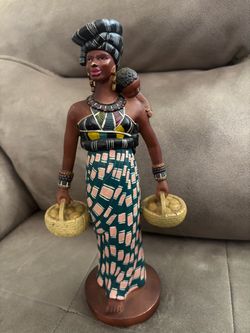 African Mother & Child Figurine with Baskets – Colorful Tribal Style Decor