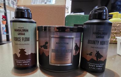 Bath & body works grogu&  mandalorian body spray, 3 wick candle bundle