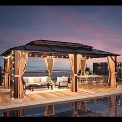 Relax and Cozy in Nice Gazebo 20 ft. x 12 ft. Outdoor Brown Polycarbonate Double Roof Gazebo with Curtains and Netting for Garden, Lawns, Patio Top Br