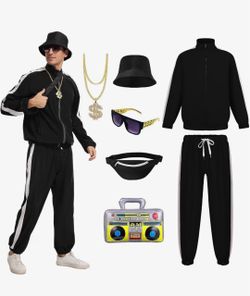 80s Outfit for Men 90s Track Suit with Hip Hop Costume Accessories M/L