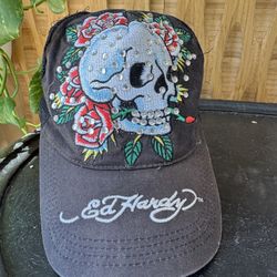 Vintage Don Ed Hardy Floral Rose Skull Hat Black Tattoo Y2K Bling Snap Back Mesh Trucker Graphic   