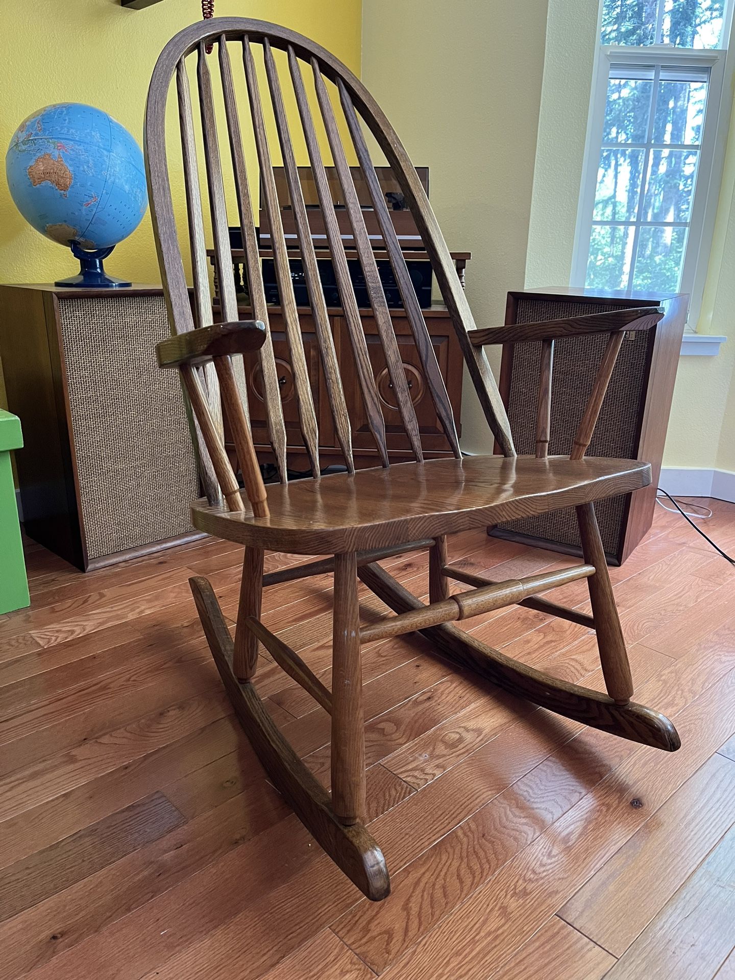  Vintage Mid Century French Country Oak Windsor Rocking Chair by Royola Pacific