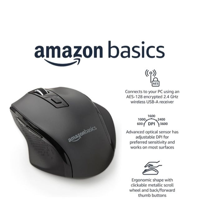 Lot of 10 Amazon Basics Computer Mouse Wireless, Ergonomic, 2.4 GHz Optical, DPI Adjustable, Compatible With PC, Mac, Laptop, Black