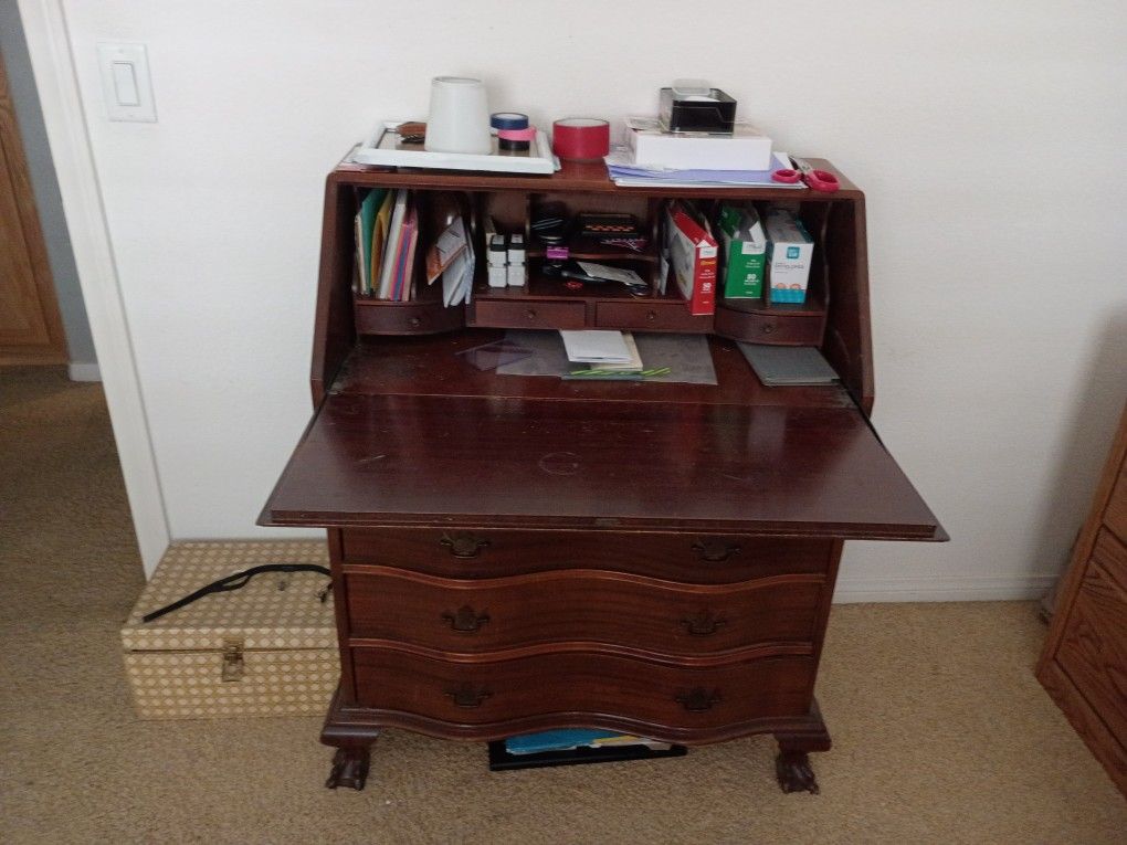Dark Wood Solid Wood Old Fashioned Desk Four Drawers With Fold Down Small Drawers And Slots Inside