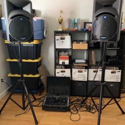 DJ Equipment Ready To Roll, Speakers, Mixer With 2 CDs Slot, Bluetooth Adapter, Cables