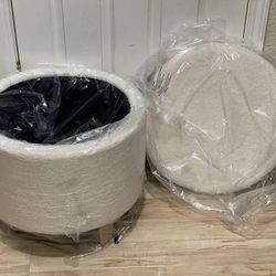 New 19” Round Cream Sherpa Storage Ottoman with Wood Legs Foot Stool