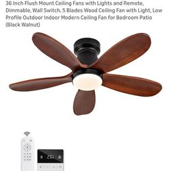 36 Inch Flush Mount Ceiling Fans with Lights and Remote, Dimmable, Wall Switch, 5 Blades Wood Ceiling Fan with Light, Low Profile Outdoor Indoor Moder