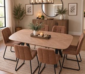 Wood Dining Table with 6 Upholstered Chairs
