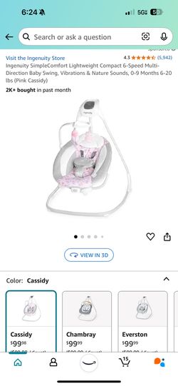 Ingenuity SimpleComfort Lightweight Compact 6-Speed Multi-Direction Baby Swing, Vibrations & Nature Sounds, 0-9 Months 6-20 lbs (Pink Cassidy)