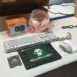 KUJYN RGB (Pink &White)Gaming Setup Bundle White Keyboard Mouse Headset Speakers PC Set NEW