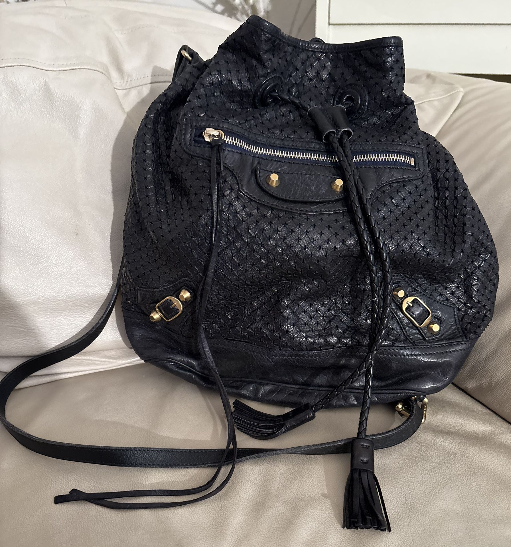 Balenciaga perforated leather bucket bag Black pampille pompon moto purse crossbody gold hardware