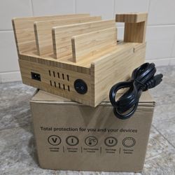 BRAND NEW 5 PORT BAMBOO DEVICE CHARGING STATION 