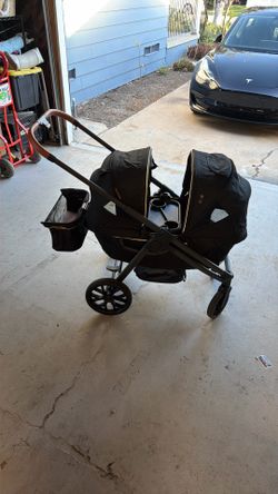 Brand New Tandem Wagon Stroller for 2 Kids, All-Terrain with Removable UV-Protection Canopy, Adjustable Push/Pull Handle, Snack Tray & Cup Holders, Pe