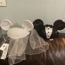 Disney Parks Bride & Groom Mickey Minnie Ear Hat Happily Ever After SET NWT