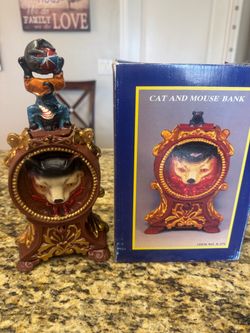 Vintage Cat & Mouse Cast Iron Mechanical Bank Reproduction Book Of Knowledge with box