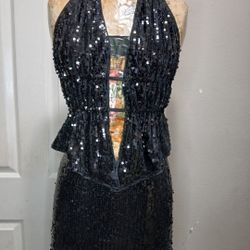 NWT SHEIN Backless Draped Neck Black Sequin Mini Skirt Set