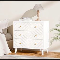 White Nightstand, Wood Side Table with 3 Drawers and Gold Handles, Modern End Table for Bedroom