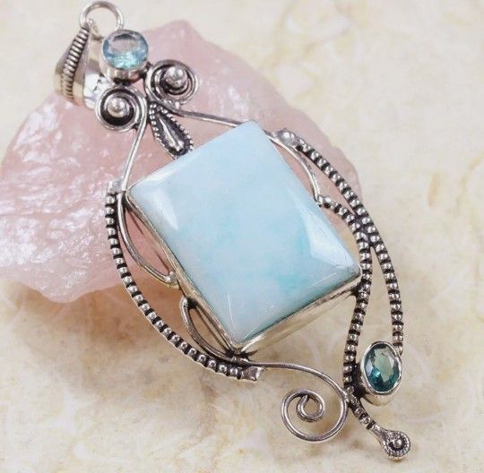 Blue Dominican Agate 925 Sterling Silver Gemstone 3.3" Pendant