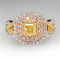 14k three tone gold Yellow White & Pink 1.65CTW Natural Cushion/Round cut Diamond Engagement Ring sz7