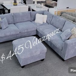 ✅️✅️4 pc  grey corduroy fabric upholstered sectional sofa with ottoman✅️