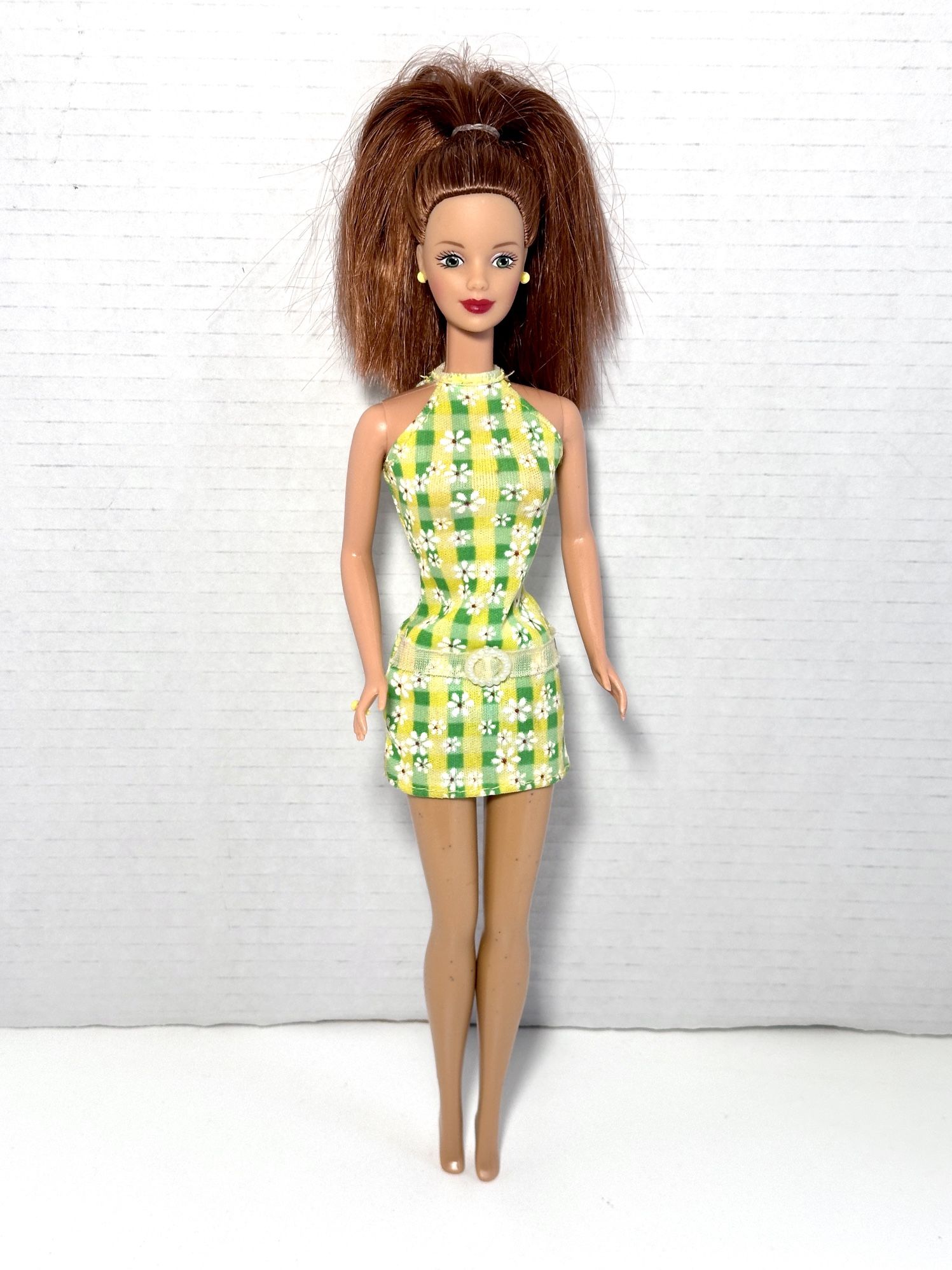 Redhead Barbie Clothed in Original Yellow & Green Daisy Halter Dress from Vintage 1999 Mattel “Pretty in Plaid Barbie #20667”