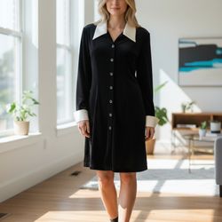 Vintage Giovanni Black Velvet Button-down Long Sleeves Dress - Made in Italy, Women US 8 (M) - Like New