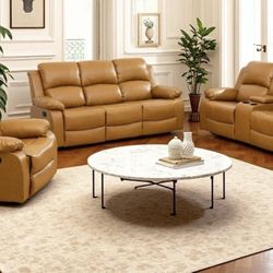 Carmel Leather Fully Reclining Three Piece Couch Set