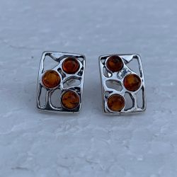 Sterling Silver Amber Stud Earrings, Cognac Round Multi-Stone Accent Jewelry