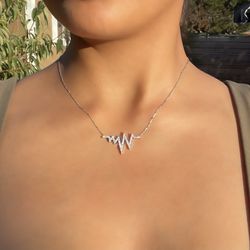 Heartbeat necklace, pulse necklace, Sterling silver, CZ heart beat, silver choker